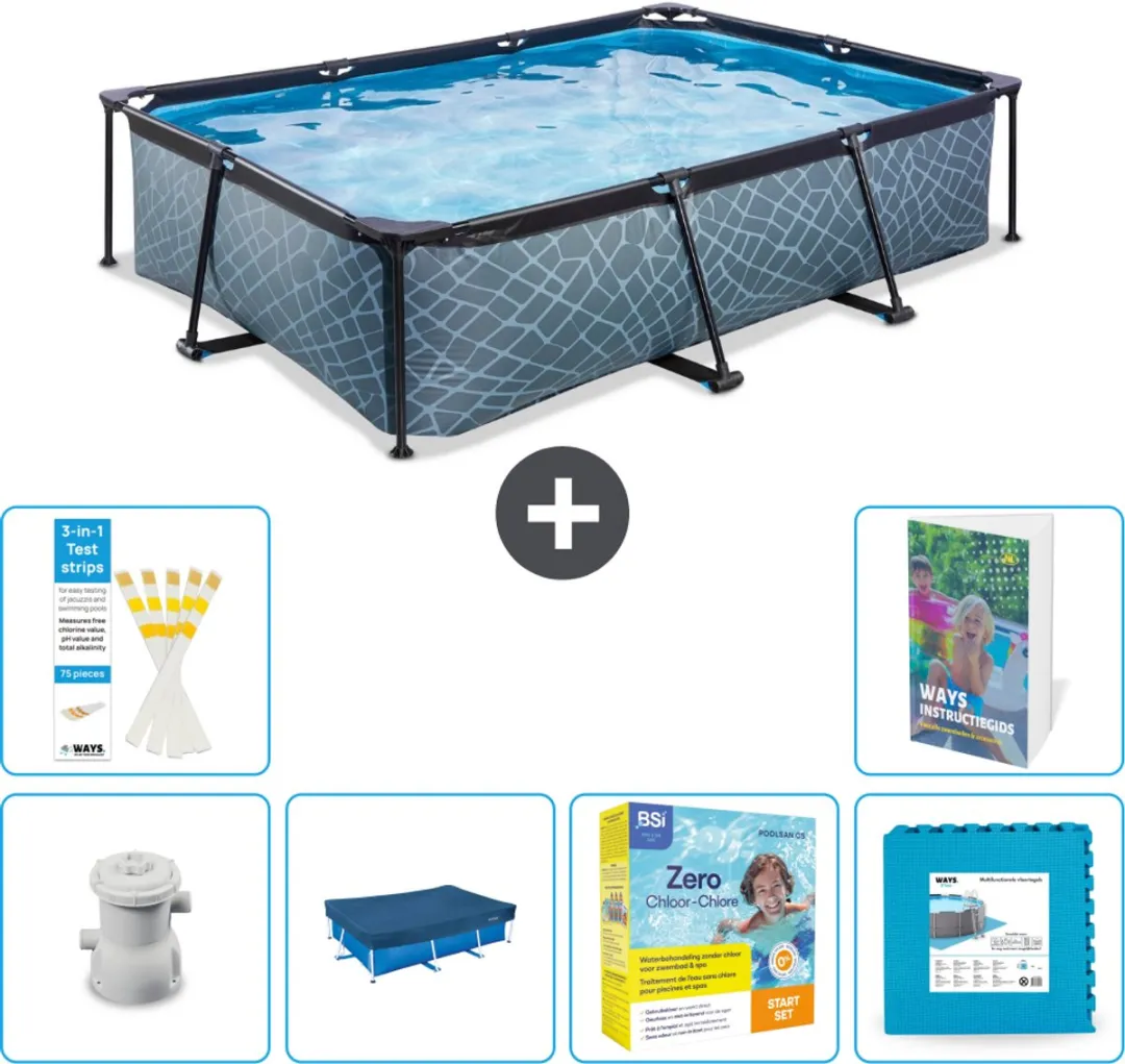 EXIT Rechthoekig Stone Frame Zwembad - 300 x 200 x 65 cm - Inclusief Pomp Afdekzeil - Onderhoudspakket - Vloertegels - 7-delig