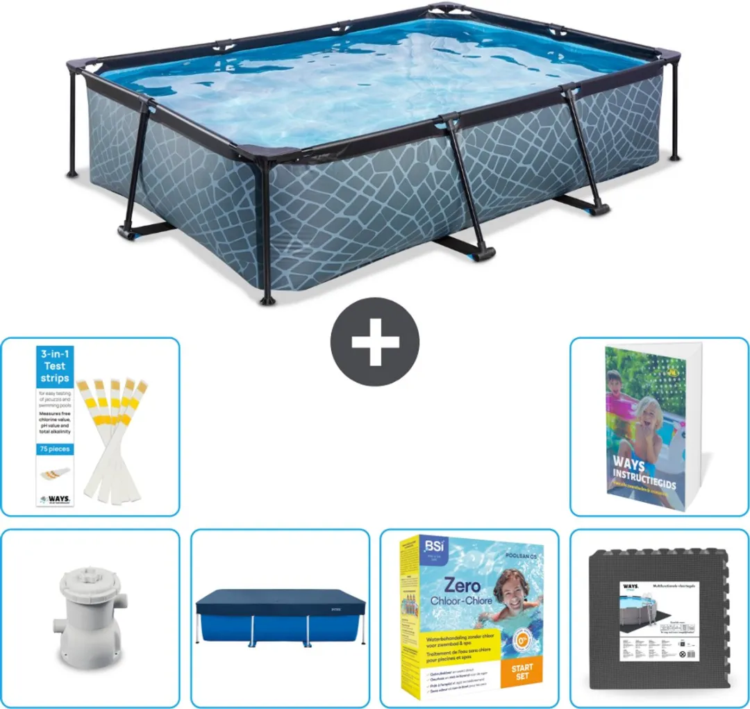EXIT Rechthoekig Stone Frame Zwembad - 300 x 200 x 65 cm - Inclusief Pomp Afdekzeil - Onderhoudspakket - Vloertegels - 7-delig