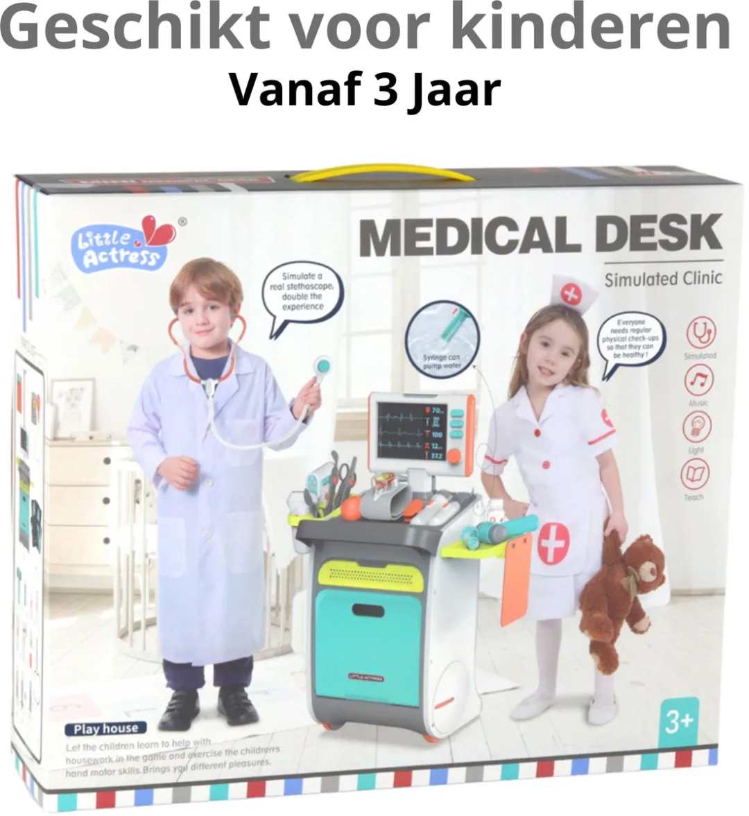 LEAN Toys Dokterset 30-delig - Interactieve kar met ECG/Röntgen - Blauw
