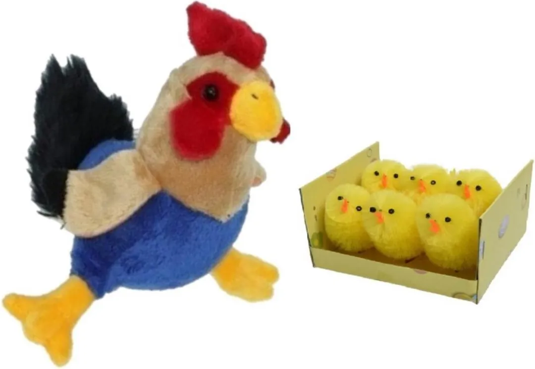 Decoris Pluche Kippen/Hanen Knuffel 20cm & Mini Kuikentjes 4cm