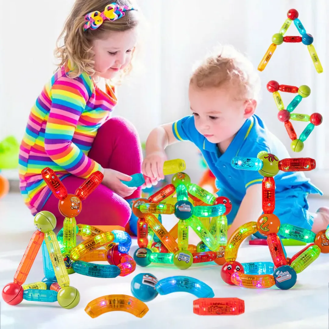 MagniToys - Magnetisch Speelgoed - Educatief STEM speelgoed - Magnetische Bouwstenen-met LED-Lichtjes - 52-delig