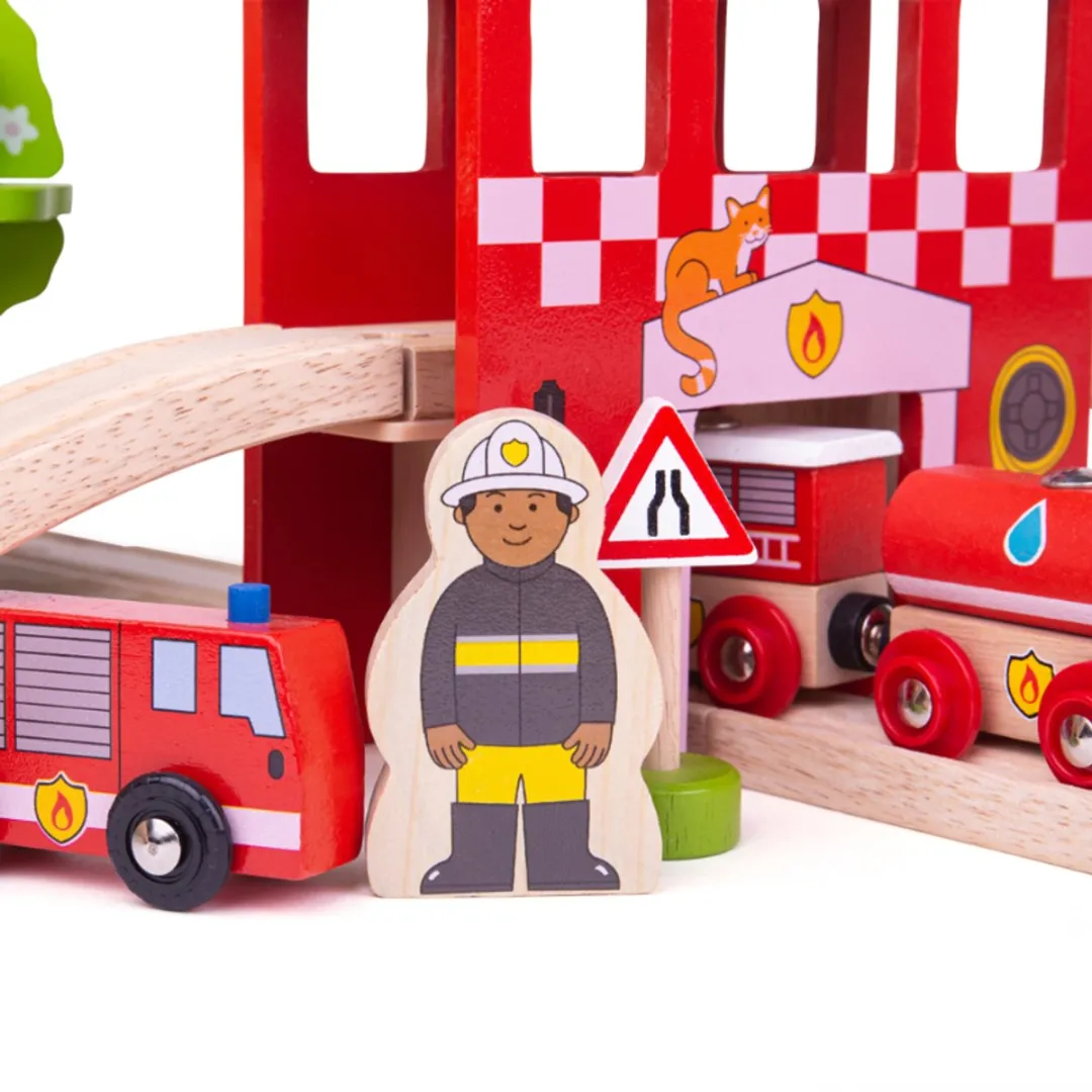 BIGJIGS Houten Brandweer Treinset 39-delig - Meerdere kleuren
