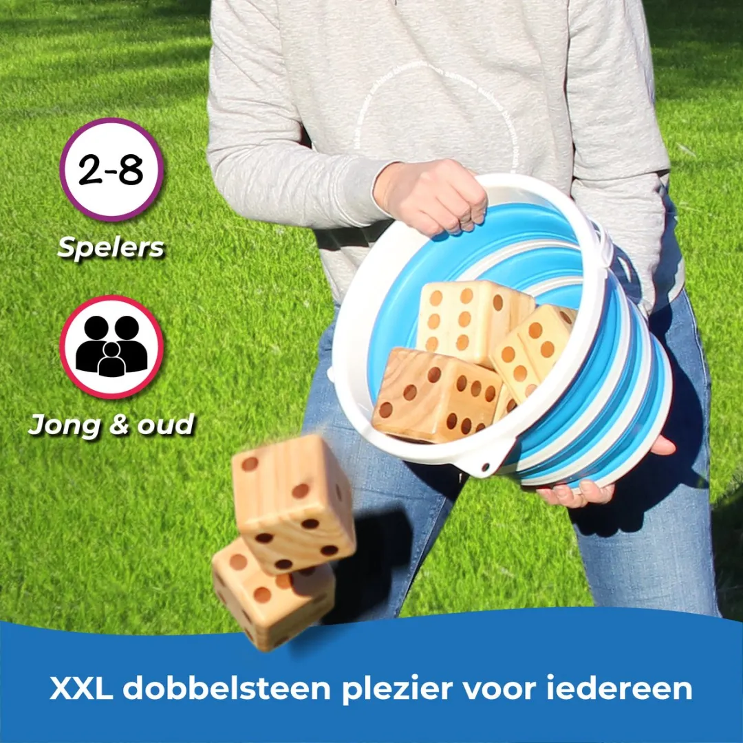 Toyfel Chuck – XXL Werp Spel Set met 6 Grote Dobbelstenen (9cm) FSC® Dennenhout – Binnen en Buiten Spel met Opvouwbare Container, Uitwisbaar Scorebord & Marker