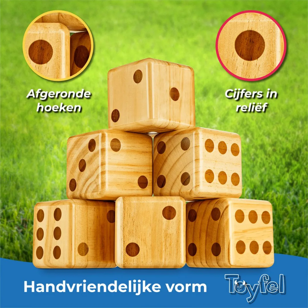 Toyfel Chuck – XXL Werp Spel Set met 6 Grote Dobbelstenen (9cm) FSC® Dennenhout – Binnen en Buiten Spel met Opvouwbare Container, Uitwisbaar Scorebord & Marker