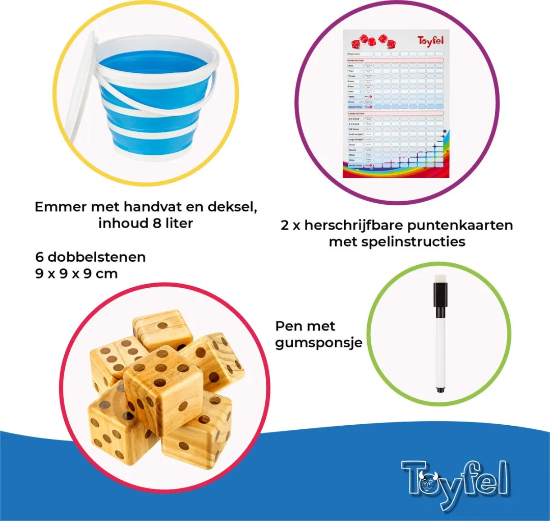 Toyfel Chuck – XXL Werp Spel Set met 6 Grote Dobbelstenen (9cm) FSC® Dennenhout – Binnen en Buiten Spel met Opvouwbare Container, Uitwisbaar Scorebord & Marker
