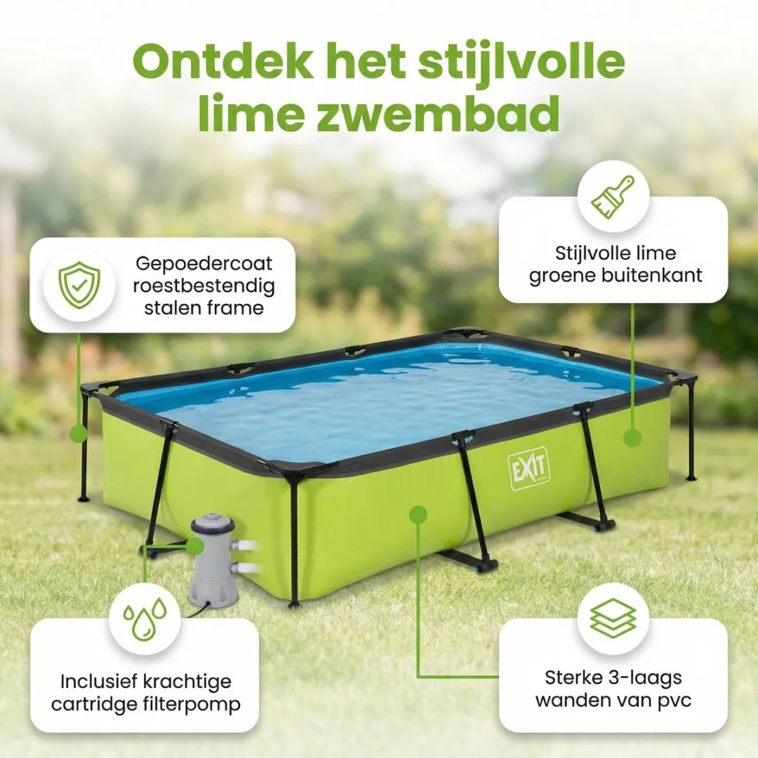 EXIT Rechthoekig Lime Frame Zwembad - 300 x 200 x 65 cm - Inclusief Pomp Afdekzeil - Vloertegels - Warmtepomp - 7-delig
