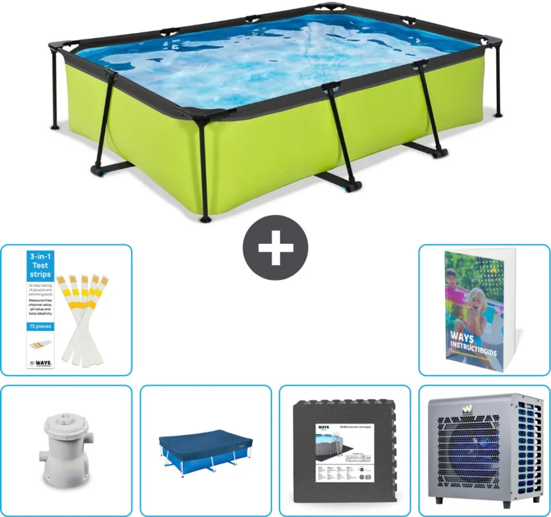EXIT Rechthoekig Lime Frame Zwembad - 300 x 200 x 65 cm - Inclusief Pomp Afdekzeil - Vloertegels - Warmtepomp - 7-delig