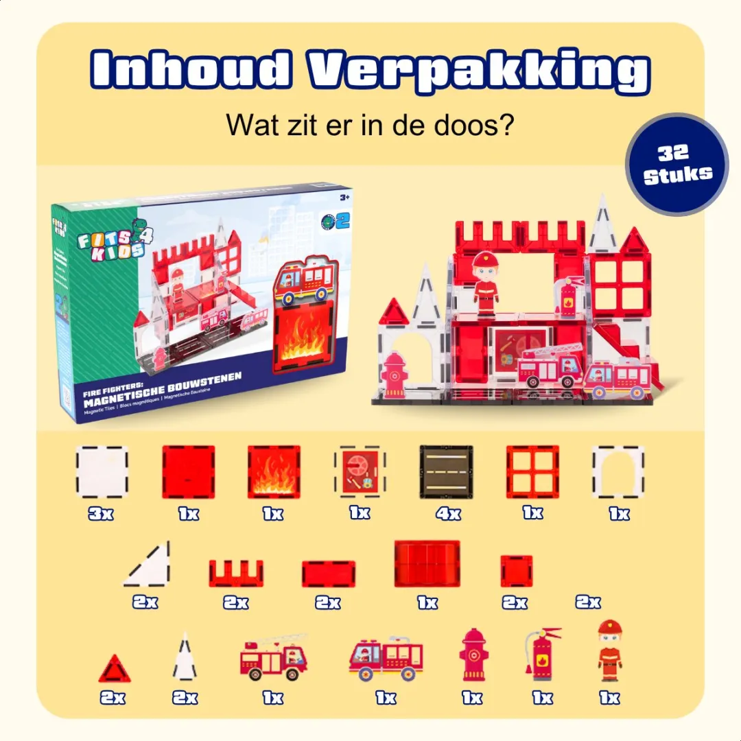 Fits4Kids Magnetic Tiles Brandweer 32-delig - Multicolor