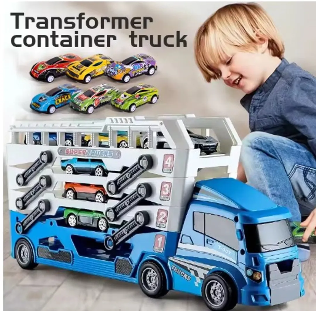 Blauwe Container Truck – Speelgoed Vrachtwagen met 6 Mini Auto’s – Opberg- & Speelset – Kleuren Willekeurig