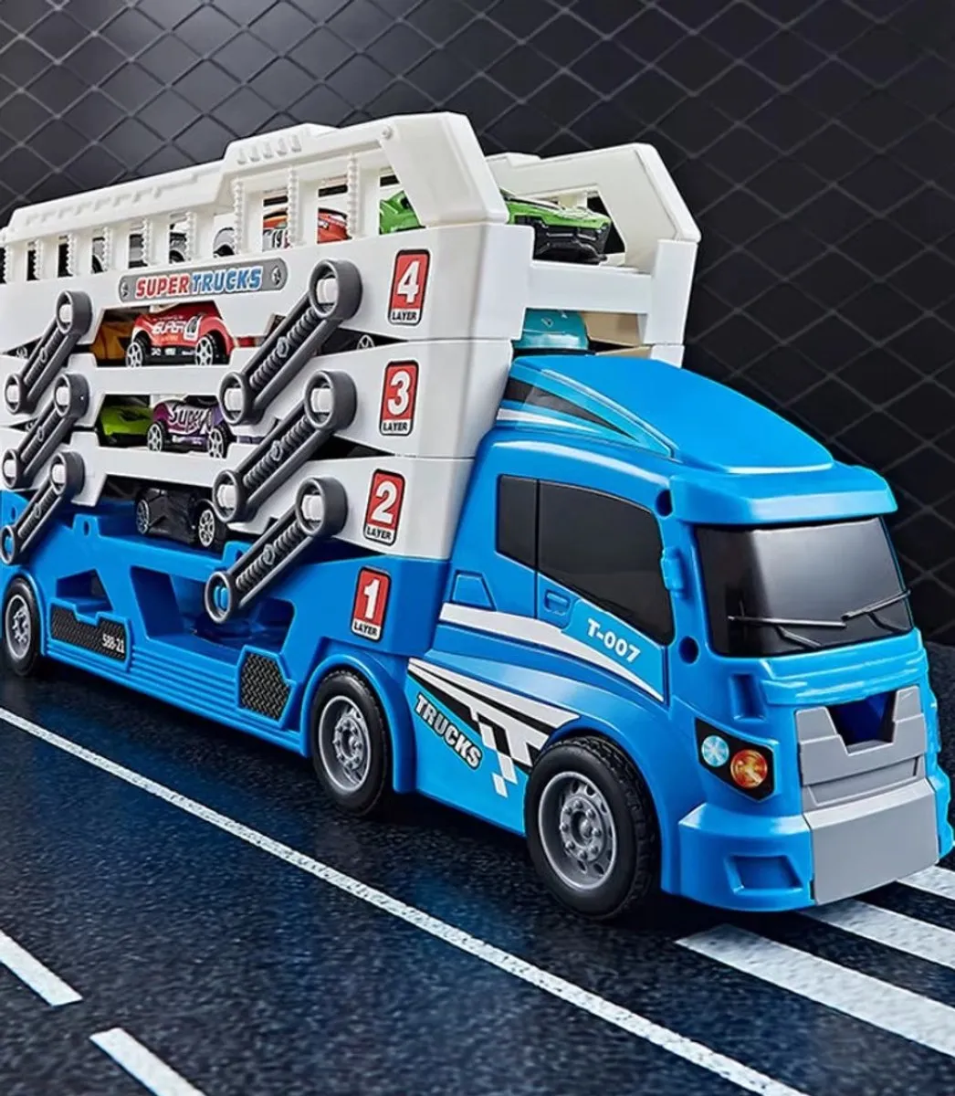 Blauwe Container Truck – Speelgoed Vrachtwagen met 6 Mini Auto’s – Opberg- & Speelset – Kleuren Willekeurig