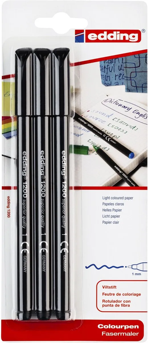 edding 1200 Fineliner 1mm - Zwart - 3 Stuks