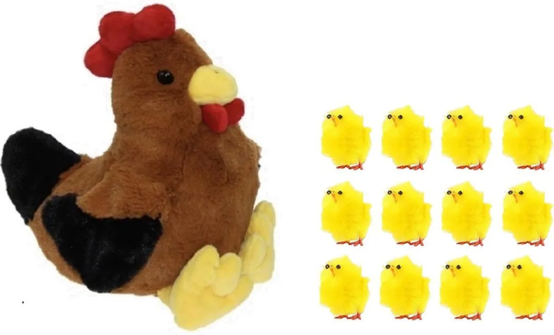 Decoris Pluche Bruine Kippenknuffel 25cm - 12x Mini Kuikentjes 5cm
