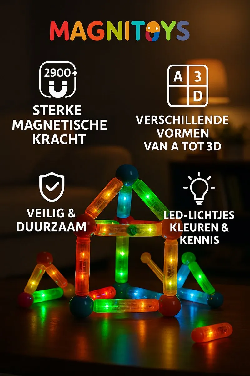 MagniToys - Magnetisch Speelgoed - Educatief STEM speelgoed - Magnetische Bouwstenen-met LED-Lichtjes -76-delig - Speelgoed 3 jaar