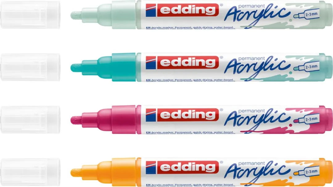 edding 5100 Acrylstiften Medium - 4 Stuks - Zonnegeel/Telemagenta/Mellow Mint/Opulent Turquoise