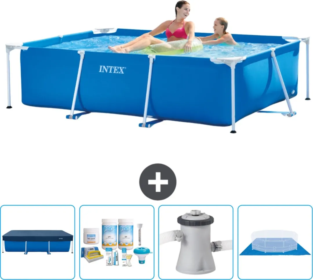 Intex Rechthoekig Frame Zwembad - 220 x 150 x 60 cm - Blauw - Inclusief Afdekzeil - Onderhoudspakket - Zwembadfilterpomp - Grondzeil