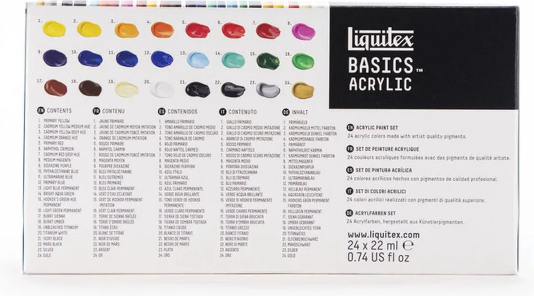 Liquitex 3699397 Basics Acrylverf Set – 24 x 22 ml Tubes | Lichtechte Acrylverf voor Kunstenaars | Middelmatige Viscositeit | Heldere Kleuren voor Schilderen, Canvas & Hobbyprojecten