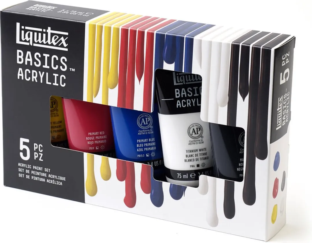 Liquitex Basics Acrylverf Set 5x75ml - Primary Yellow/Naphthol Crimson/Ultramarine Blue/Titanium White/Mars Black