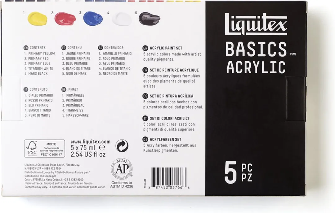 Liquitex Basics Acrylverf Set 5x75ml - Primary Yellow/Naphthol Crimson/Ultramarine Blue/Titanium White/Mars Black