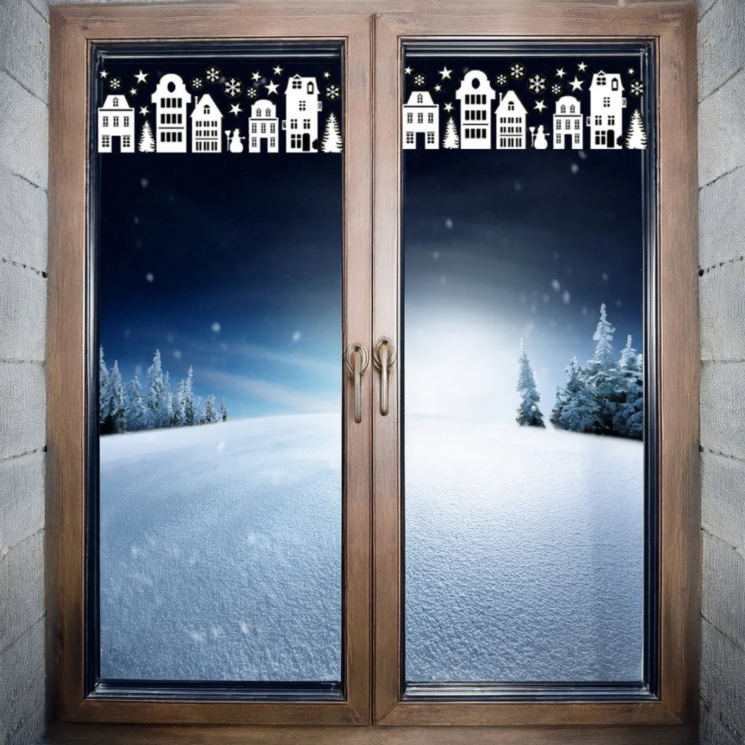 Anna's Collection Kerst Raamstickers Huisjes met Maan - 34x28cm - Multi
