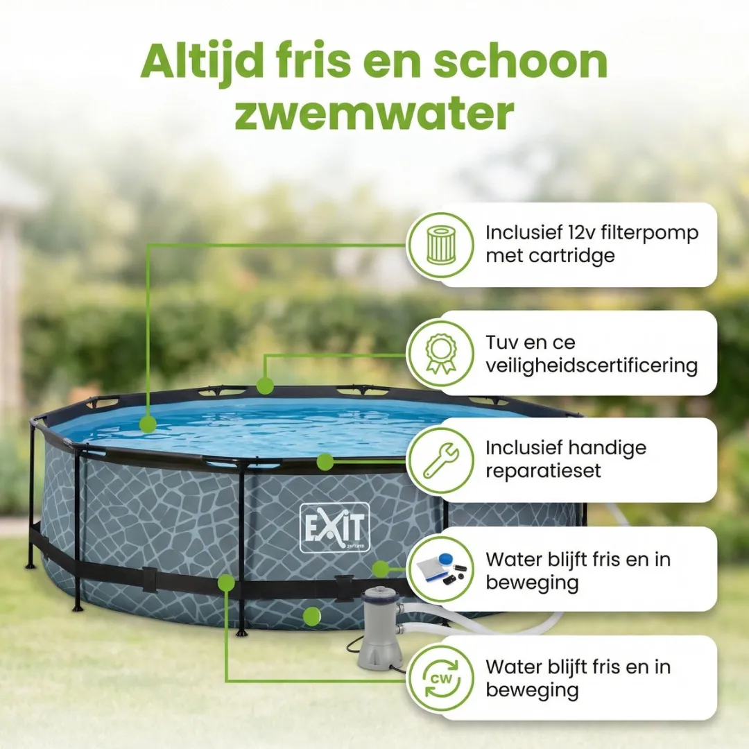 EXIT Rond Stone Frame Zwembad - 360 x 76 cm - Inclusief Pomp Afdekzeil - Schoonmaakset - Vloertegels - 7-delig
