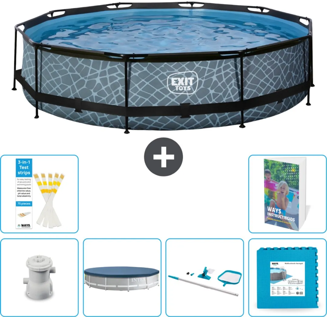 EXIT Rond Stone Frame Zwembad - 360 x 76 cm - Inclusief Pomp Afdekzeil - Schoonmaakset - Vloertegels - 7-delig