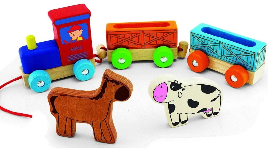 Pintoy Houten Dierentrein met Boerderijdieren - Educatief Speelgoed voor Kinderen vanaf 18 Maanden - 34x10x6 cm