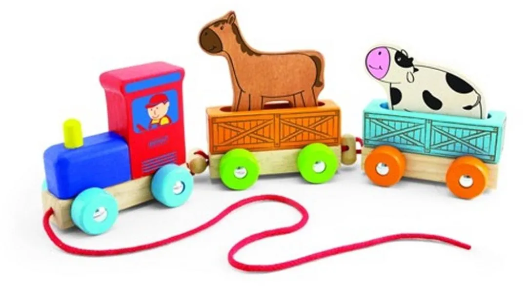 Pintoy Houten Dierentrein met Boerderijdieren - Educatief Speelgoed voor Kinderen vanaf 18 Maanden - 34x10x6 cm