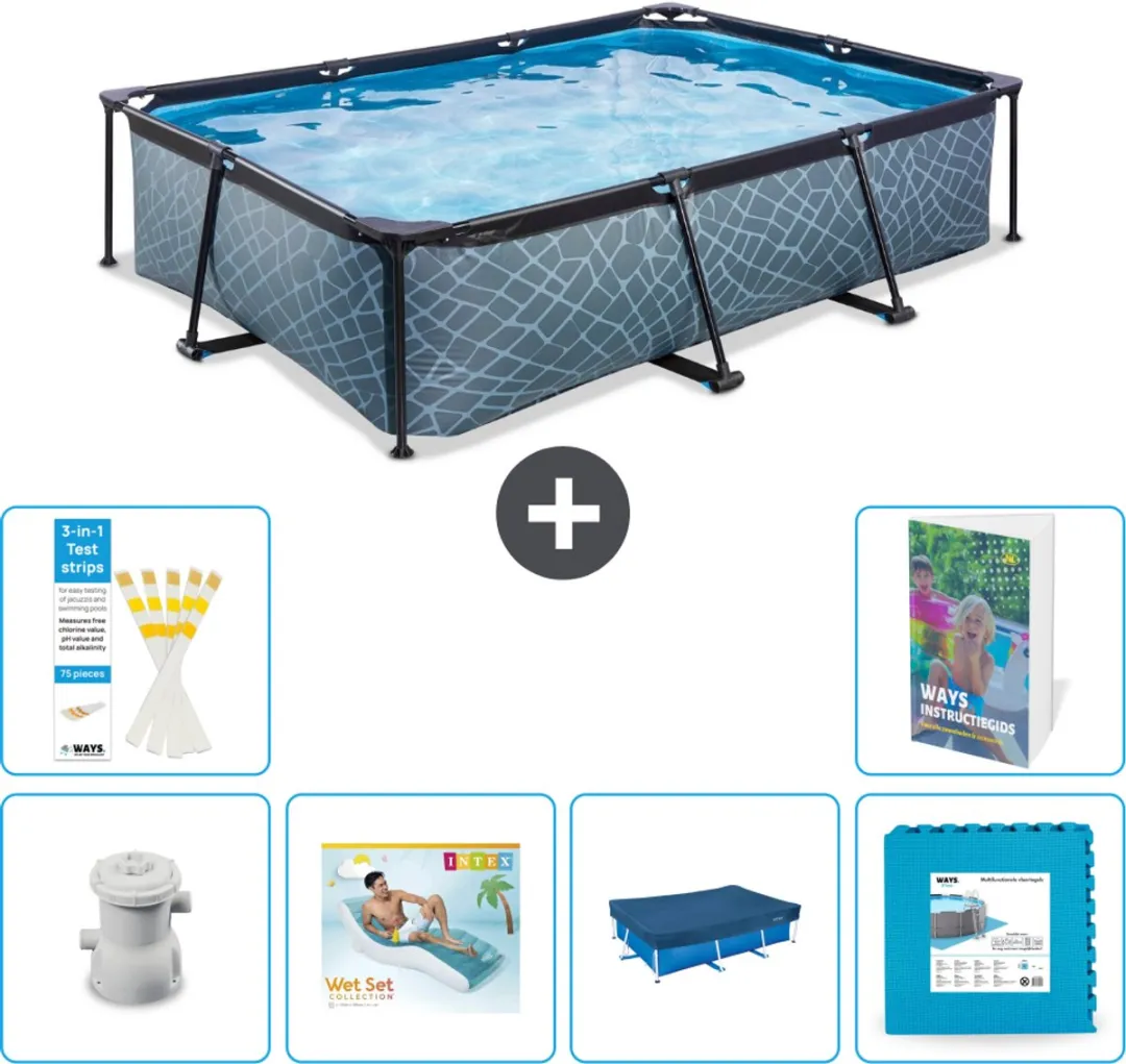 EXIT Rechthoekig Stone Frame Zwembad - 300 x 200 x 65 cm - Inclusief Pomp Loungebed - Afdekzeil - Vloertegels - 7-delig