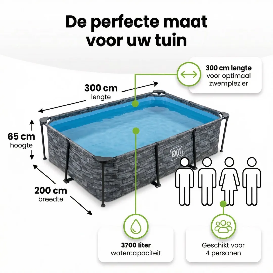 EXIT Rechthoekig Stone Frame Zwembad - 300 x 200 x 65 cm - Inclusief Pomp Loungebed - Afdekzeil - Vloertegels - 7-delig