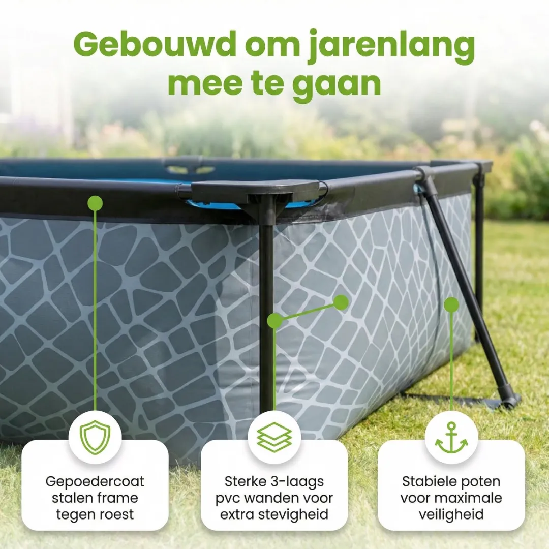 EXIT Rechthoekig Stone Frame Zwembad - 300 x 200 x 65 cm - Inclusief Pomp Loungebed - Afdekzeil - Vloertegels - 7-delig