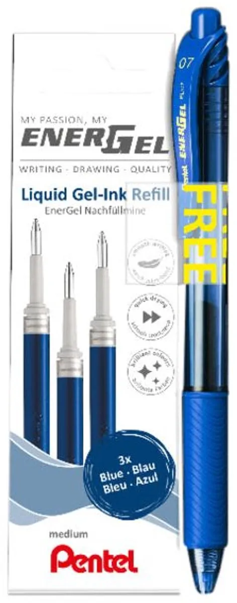 Pentel Energel 0.7mm Blauwe Vulling - 3 Stuks + Roller