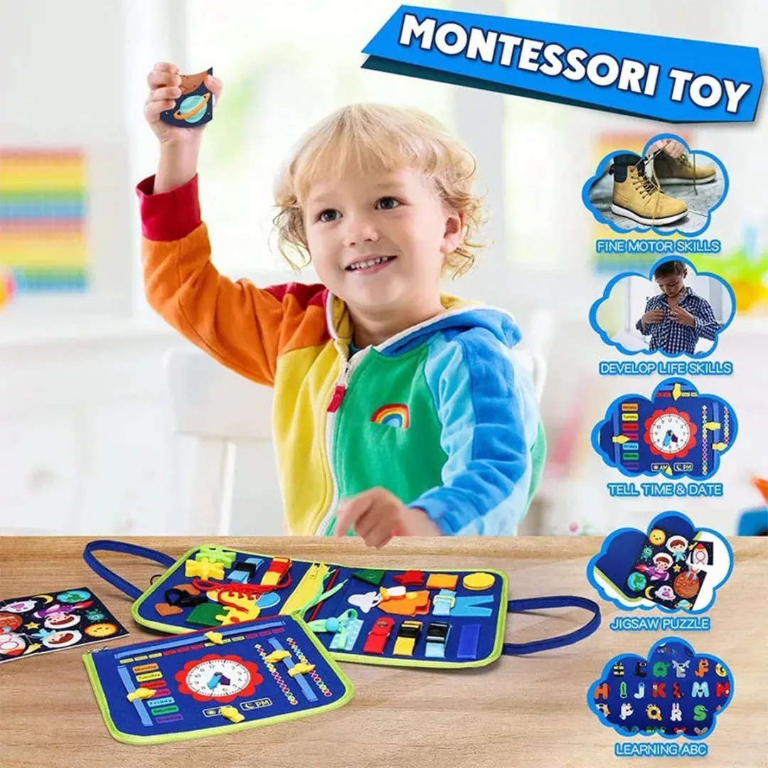 EverToys Busy Board - 4-delige vaardigheden - Klok lezen - Montessori - Motoriek Map voor Thuis en Onderweg - Leren Veter Strikken - Activiteitenbord - 25 Zelfkleden Vaardigheden Kinderen - Educatief Spel - Blauw