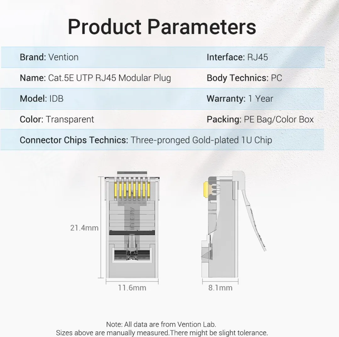 Vention RJ45 Modulaire Steker Cat.5E - 100 Stuks - Transparant