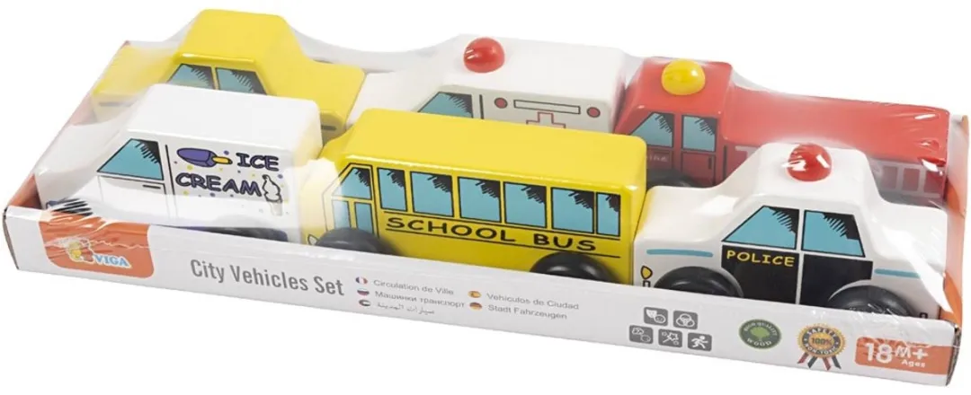 Viga Toys Houten Stadsvoertuigen Multicolor - 6-delig
