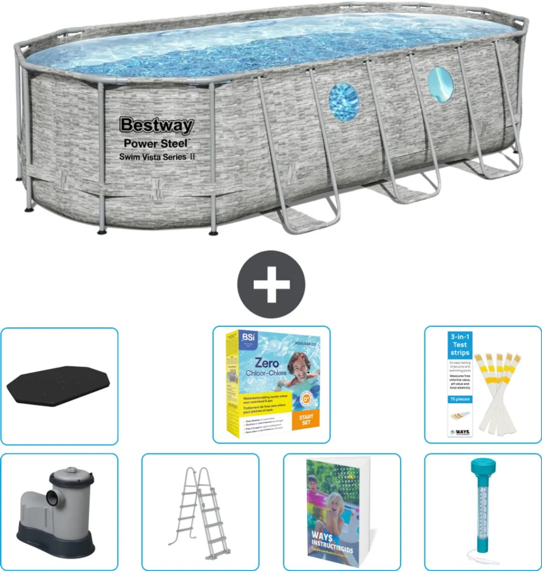 Bestway Ovaal Power Steel Swim Vista Zwembad 549x274cm - 13.430L - Grijs