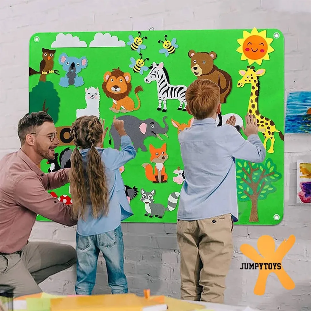 Jumpytoys - Viltbord Dierentuin- Velcro speelbord - Educatief speelgoed - 30/50 Dieren/voertuigen/gebouwen - Thema Dierentuin/Zoo - Spelbord Velcro