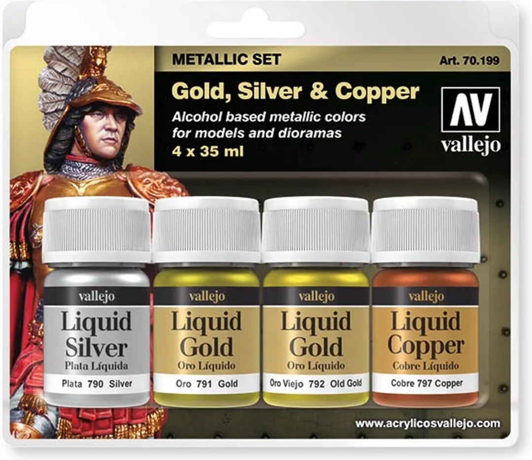 Vallejo Hobbyverf Liquid Color Set - Goud/Zilver/Koper - 4x35ml