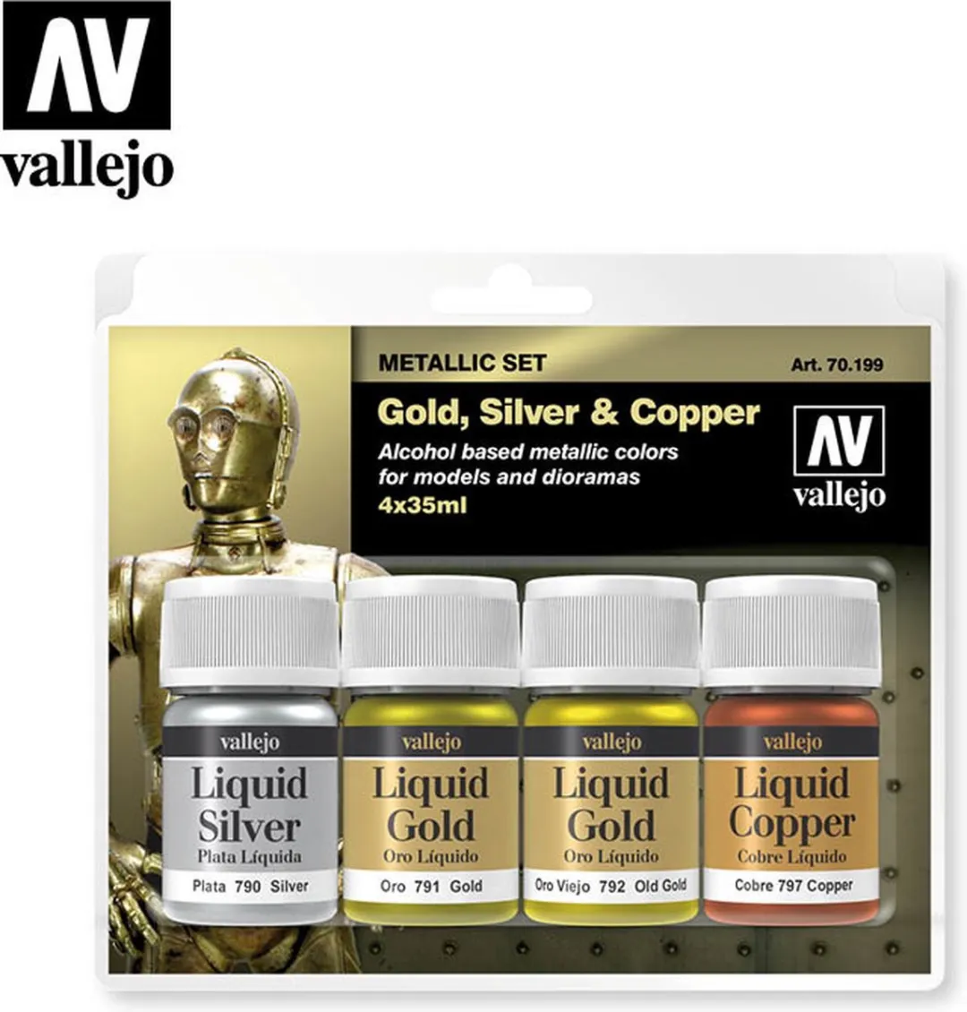 Vallejo Hobbyverf Liquid Color Set - Goud/Zilver/Koper - 4x35ml