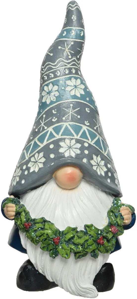 Kaemingk Blauwe Polyresin Gnoom met Guirlande - 13,2cm