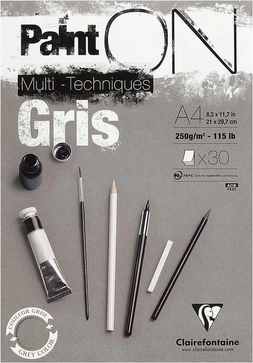 Karton - Mixed Media Blok - Grijs - A4 - 250 grams - ClaireFontaine - 30 vellen