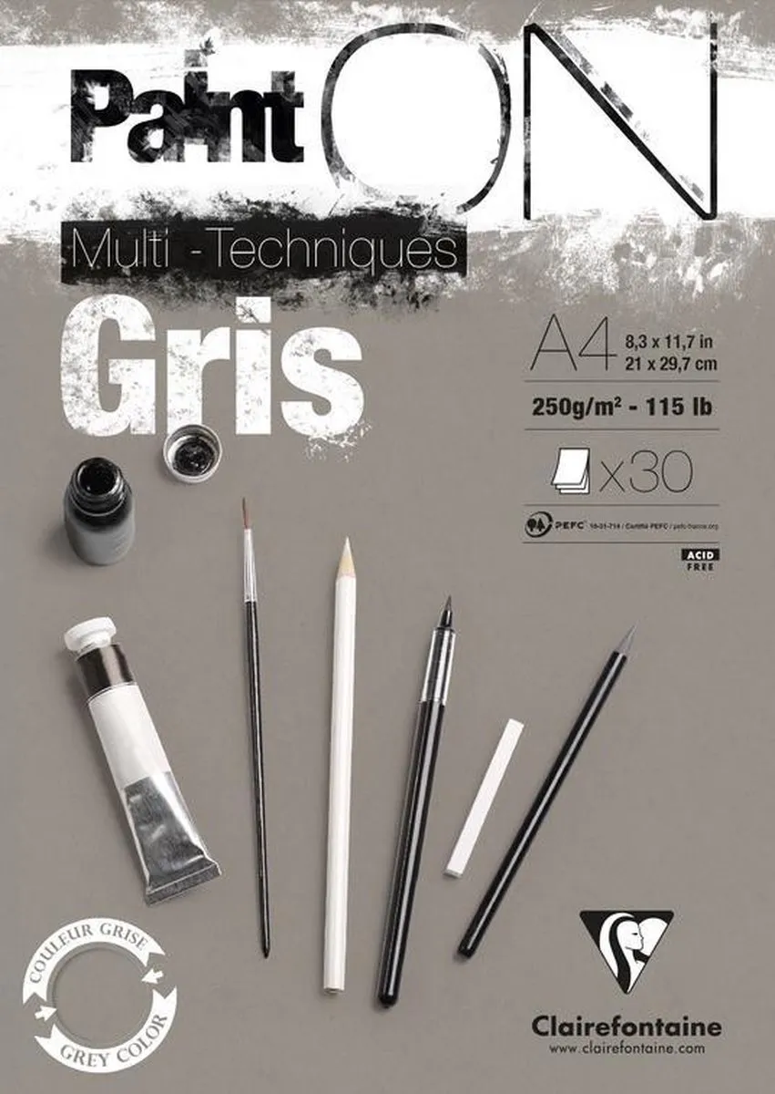 Karton - Mixed Media Blok - Grijs - A4 - 250 grams - ClaireFontaine - 30 vellen