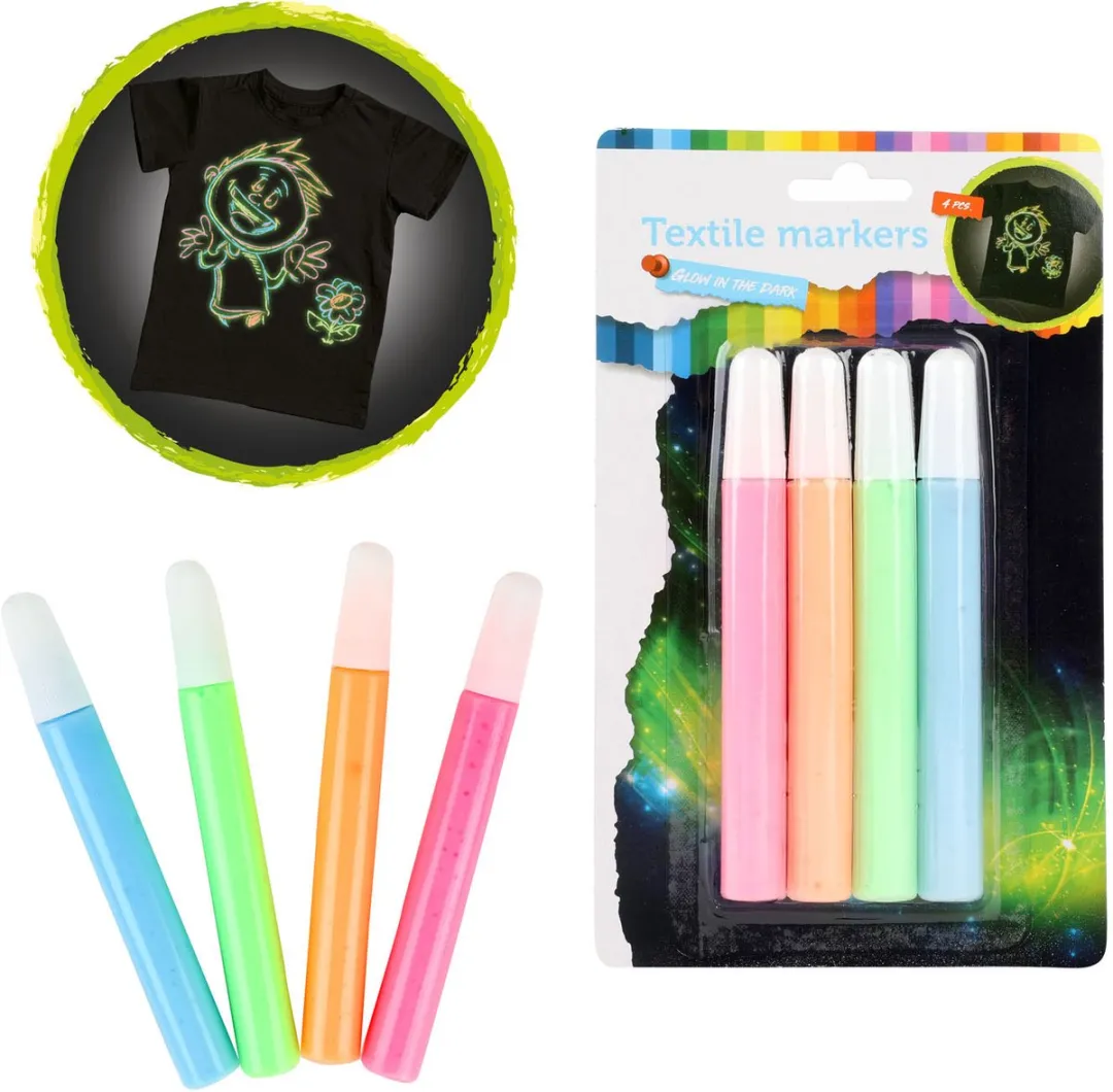 Toi-Toys Glow in the Dark Textielstiften - 4 Stuks