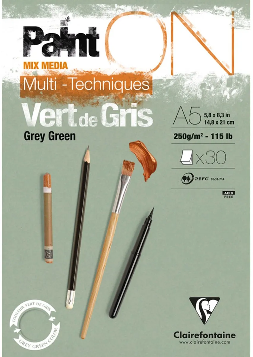 Clairefontaine Paint ON Multi-Techniek Pad A5 Grijs Groen 30 Vel