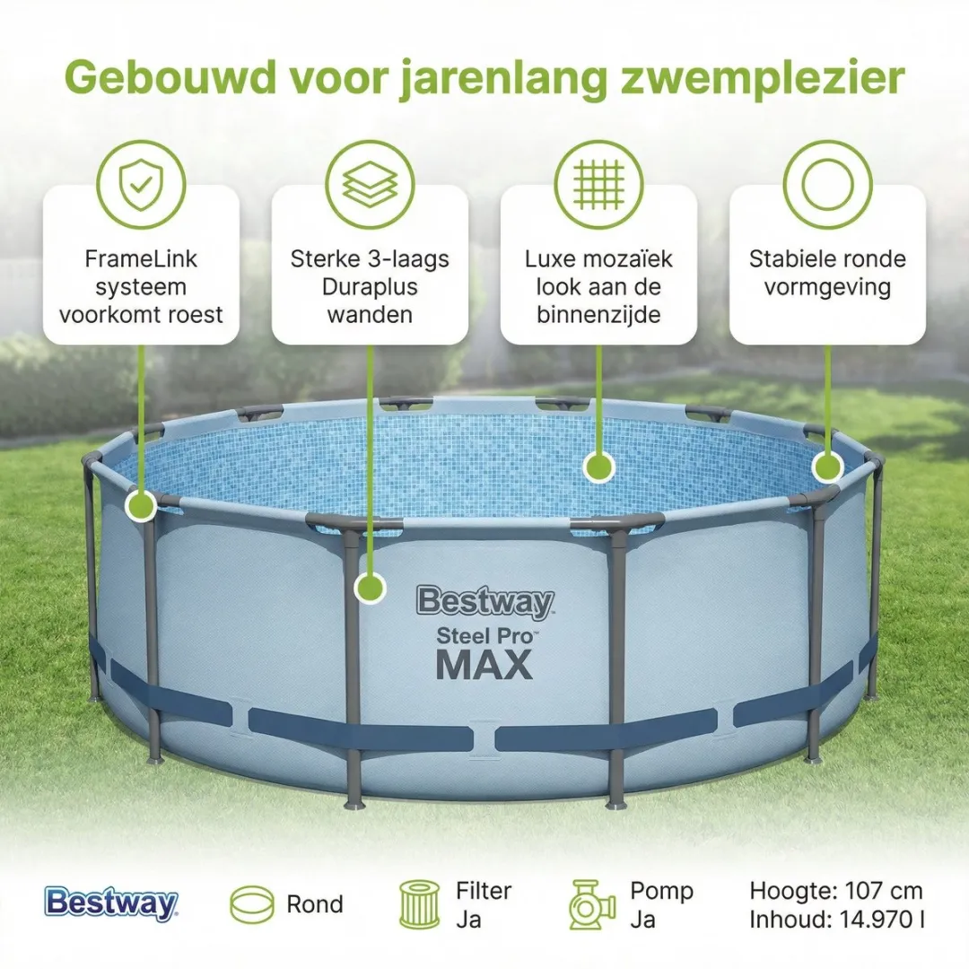 Bestway Steel Pro MAX Zwembad 457x107cm - Grijs - 8-delig