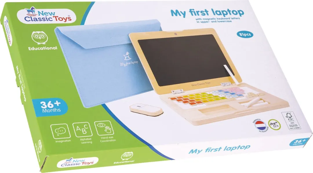 New Classic Toys Houten Speelgoed Laptop Mijn Eerste Laptop - Krijtbord & Magnetische Letters