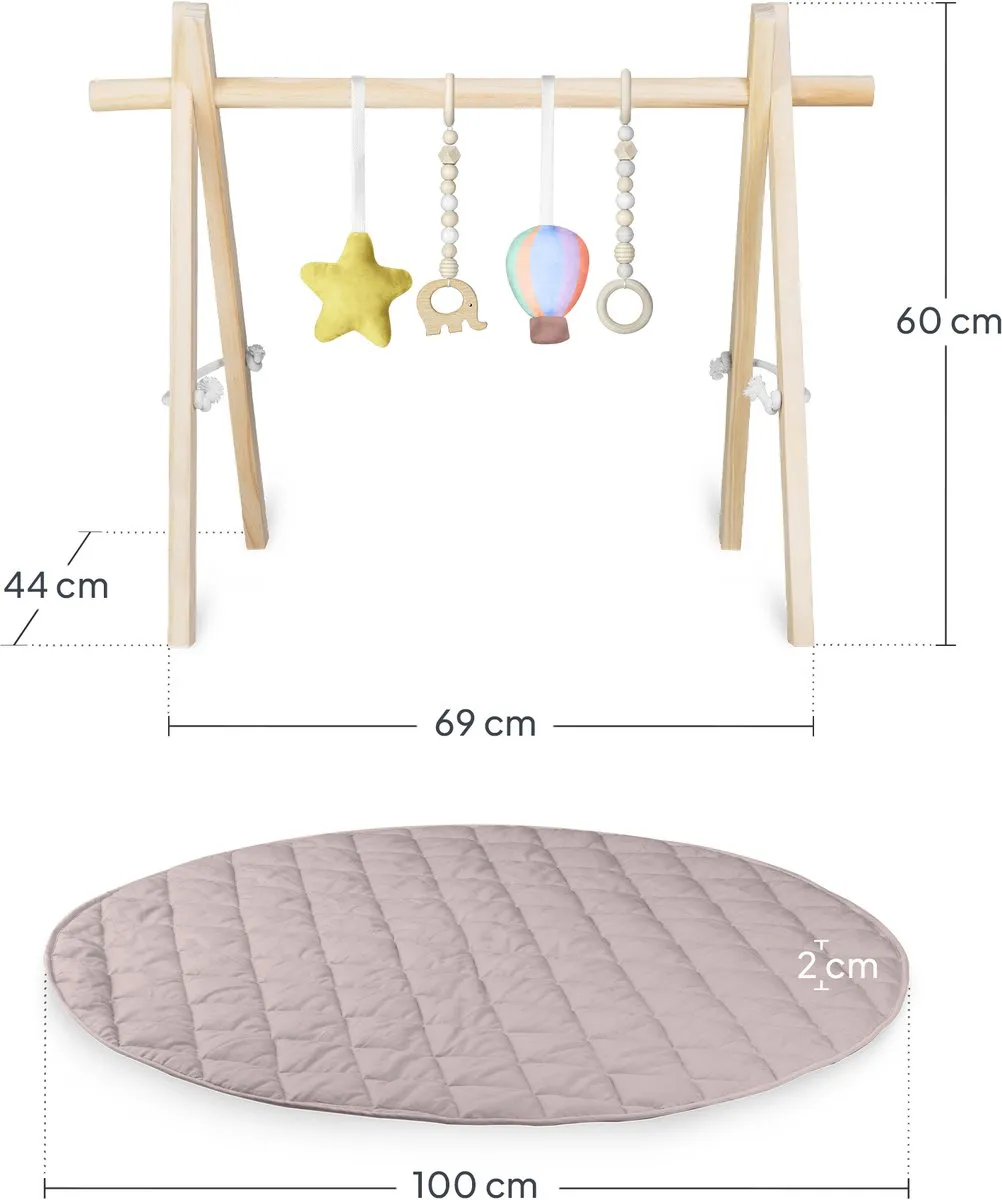 Lionelo Anis Baby Gym - Opvouwbaar Houten Speelkleed 4 Speelelementen - Rose