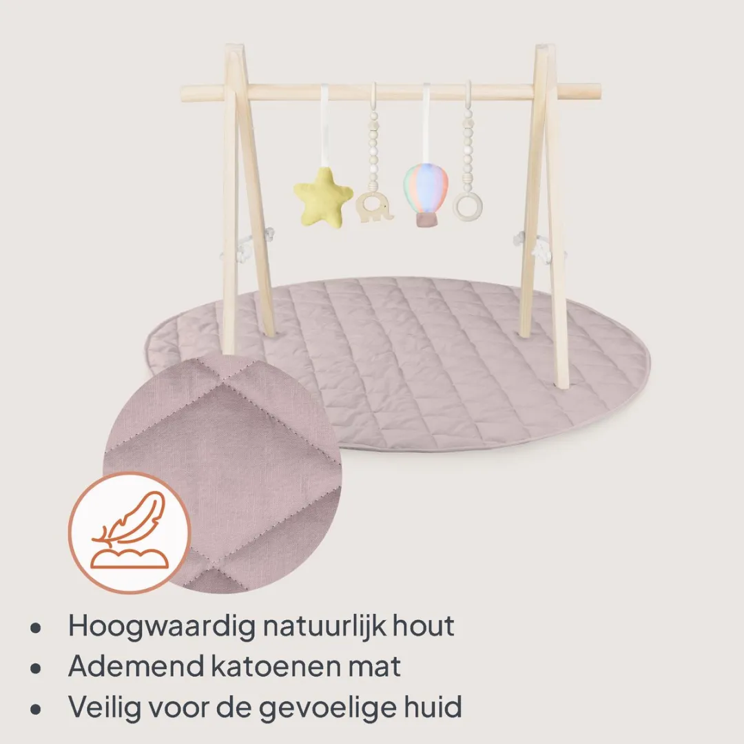 Lionelo Anis Baby Gym - Opvouwbaar Houten Speelkleed 4 Speelelementen - Rose