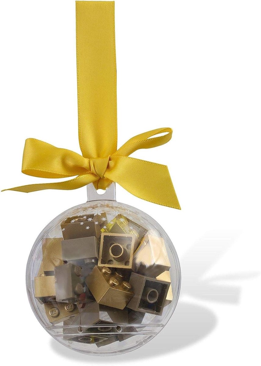 LEGO Kerstbal met gouden lint (metallic goud, donkerbruine en transgele LEGO stenen)