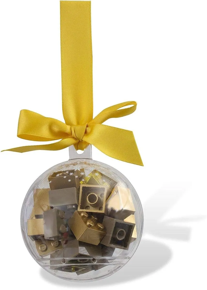 LEGO Kerstbal met gouden lint (metallic goud, donkerbruine en transgele LEGO stenen)