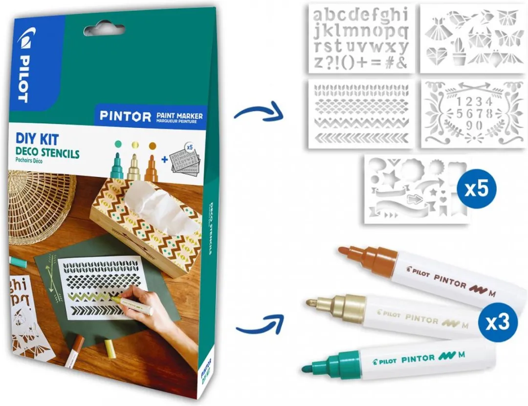 Pilot Pintor DIY Stencils Deco Kit - 3 Markers - Metaalgroen/Goud/Bruin